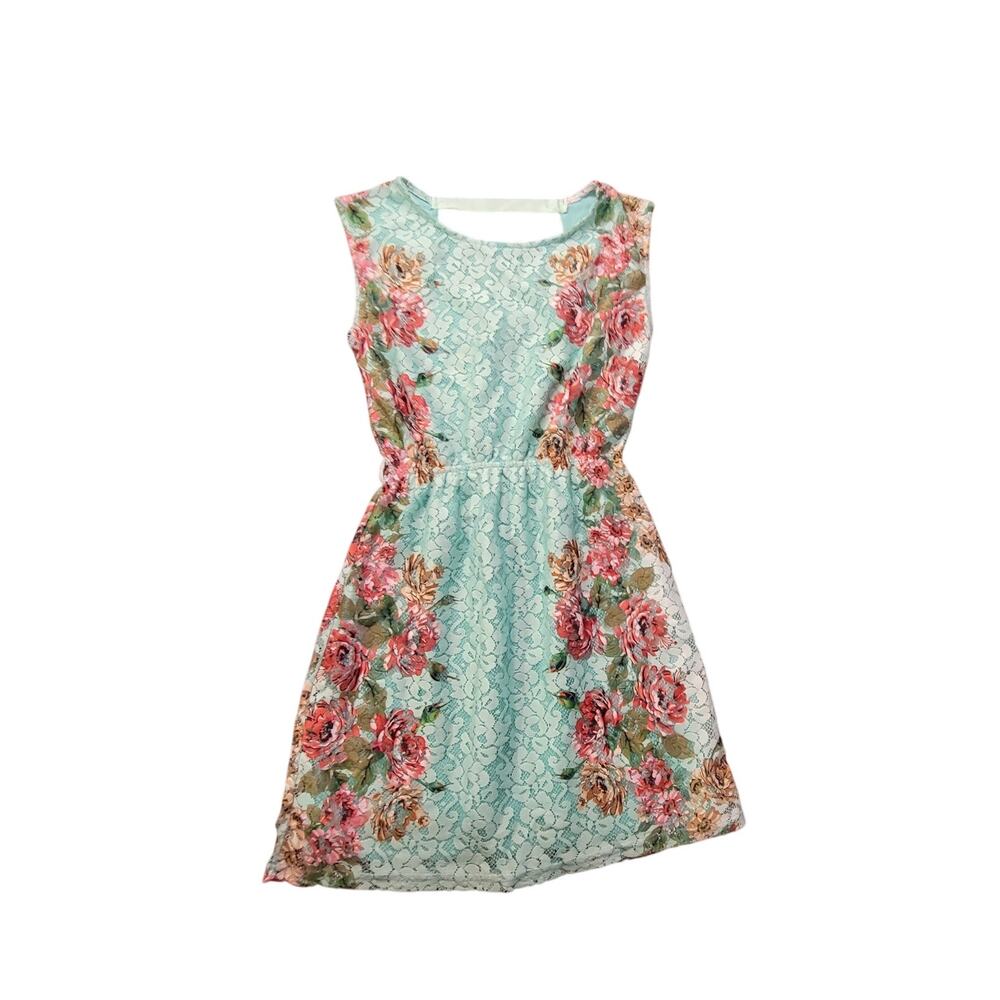NISAN Dress Womens SIze 36 Teal Floral Lace Sleeveless Mini Fit Flare